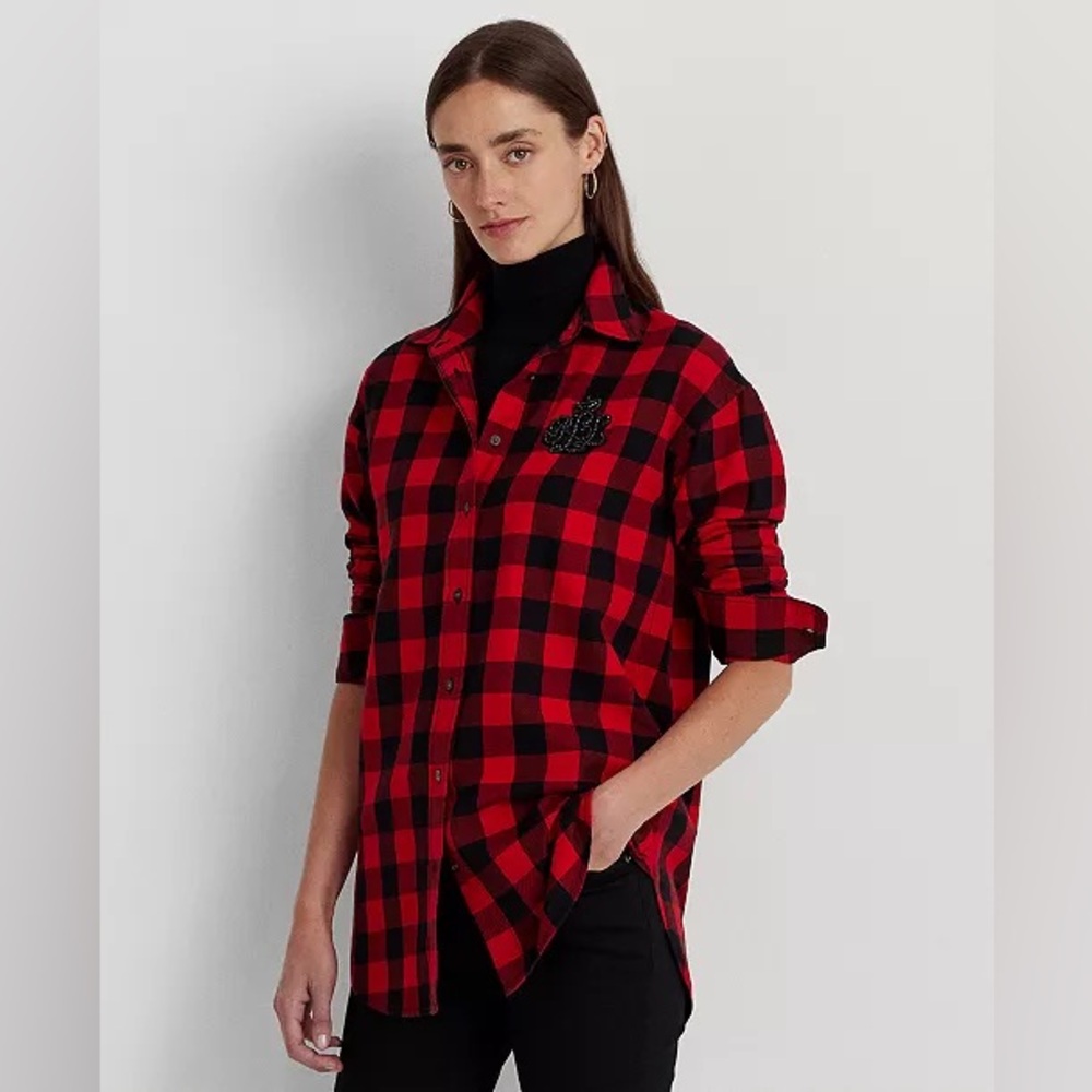 $145 Lauren Ralph Lauren Red Buffalo Plaid Shirt Beaded Bullion Patch Cotton S